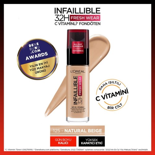 Loreal Paris Infaillible C Vitaminli Fondöten - 125 Natural Beige Loreal Paris Infaillible C Vitaminli Fondöten - 125 Natural Beige