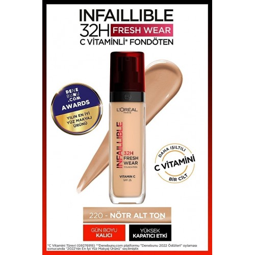 Loreal Paris Infaillible C Vitaminli Fondöten - 220 Sand Loreal Paris Infaillible C Vitaminli Fondöten - 220 Sand