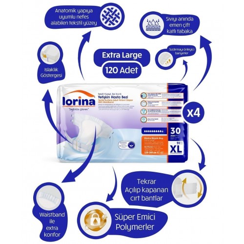 Lorina Belbantlı Hasta Bezi Extra Büyük Boy 30 lu x 4 Adet