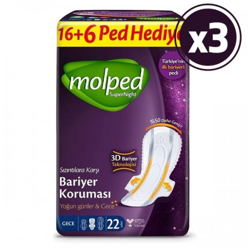 Molped Supernıght Süper Gece Hijyenik Ped 22 li x 3 Adet