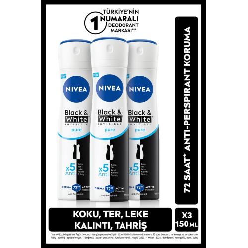 Nivea Black & White Invisible Pure 150 ml x 3 Adet