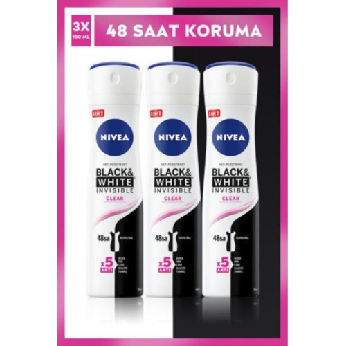 Nivea Black&White Invisible Clear Sprey Deodorant 150 ml x 3 Adet