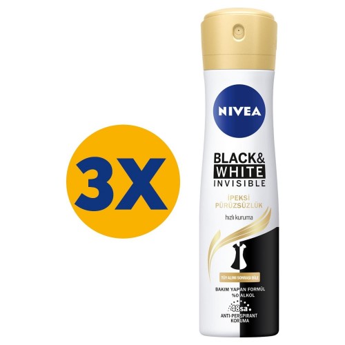 Nivea Black&White Invisible İpeksi Sprey Deodorant 150 ml x 3 Adet