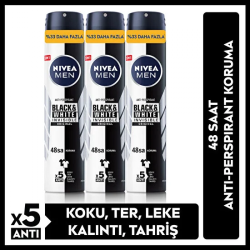 Nivea Men Black&White Invisible Erkek Sprey Deodorant 200 ml x 3 Adet