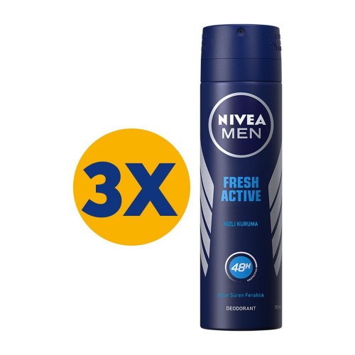 Nivea Men Fresh Active Deodorant Pudrasız 150 ml x 3 Adet