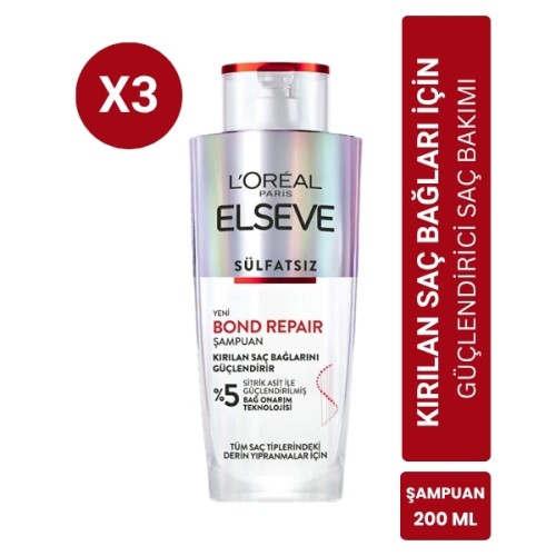 Elseve Bond Repair Tüm Yıpranmalar Için Güçlendirici Şampuan 200 ml x 3 Adet