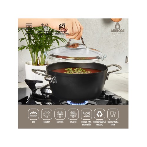 Amboss Dark 24 cm Granit Derin Tencere Cam Kapaklı Yanmaz Yapışmaz