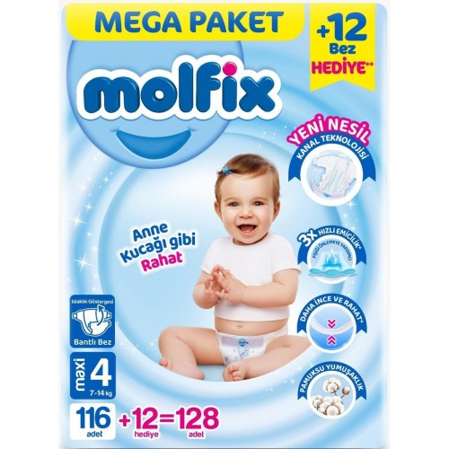 Molfix Bebek Bezi Mega Paket Maxi 4 No 128 li