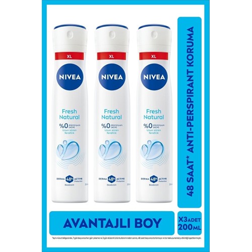 Nivea Fresh Natural Sprey Deodorant Antiperspirant 200 ml x 3 Adet
