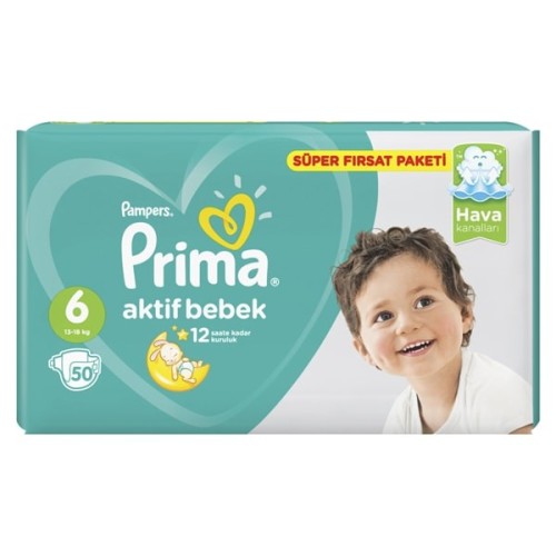 Prima Bebek Bezi Aktif Bebek 6 Beden 50 Adet Extra Large Süper Fırsat Paketi