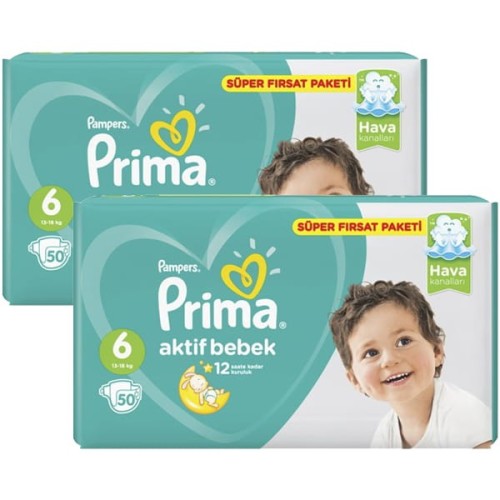 Prima Bebek Bezi Aktif Bebek 6 Beden 50 Adet Extra Large Süper Fırsat Paketi x 2 Adet