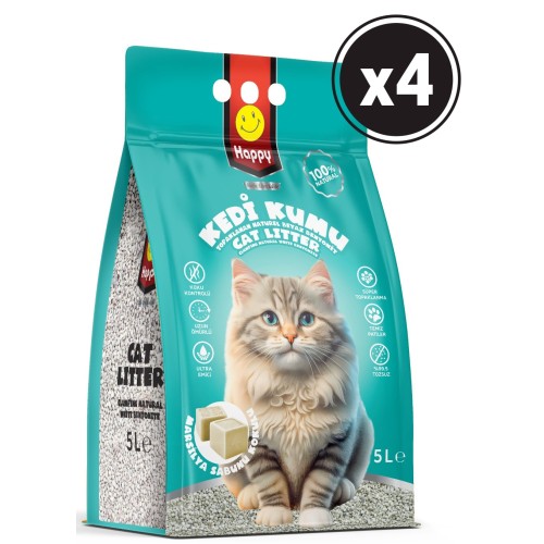 Happy Topaklanan Bentonit Marsilya Sabunlu Kedi Kumu 5 lt x 4 Adet