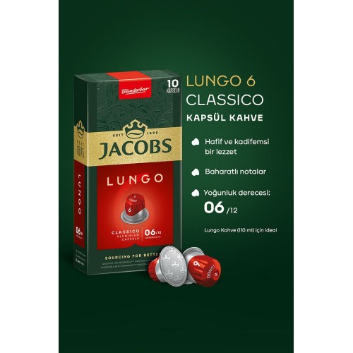 Jacobs Lungo 6 Classic Nespresso Uyumlu Kapsül Kahve 10 lu x 10 Adet