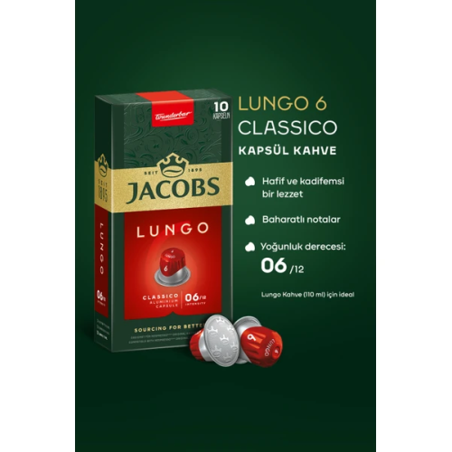 Jacobs Lungo 6 Classic Nespresso Uyumlu Kapsül Kahve 10 lu x 5 Adet