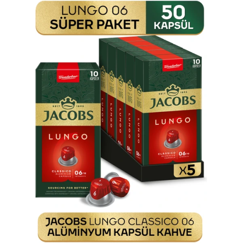 Jacobs Lungo 6 Classic Nespresso Uyumlu Kapsül Kahve 10 lu x 5 Adet