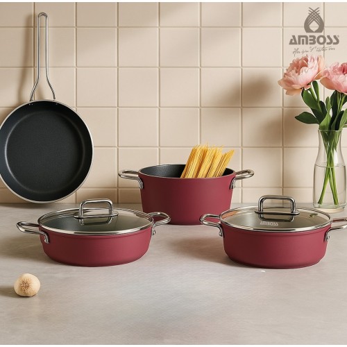 Amboss Anyolin 7 Parça Titanyum Kaplama Tencere Tava Seti (Bordo)