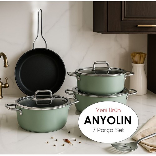 Amboss Anyolin 7 Parça Titanyum Kaplama Tencere Tava Seti (Yeşil)