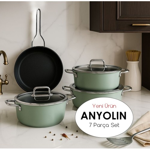 Amboss Anyolin 7 Parça Titanyum Kaplama Tencere Tava Seti (Yeşil)