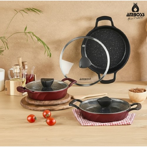 Amboss Vento 6 Parça Cam Kapaklı Döküm Sahan Omlet Seti (Kırmızı)