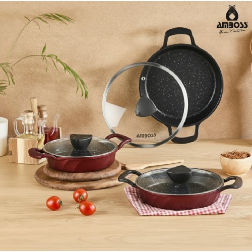 Amboss Vento 6 Parça Cam Kapaklı Döküm Sahan Omlet Seti (Kırmızı)