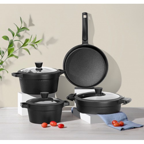 Nehir Royal Elite Siyah Alüminyum Döküm 7 Parça Tencere Set